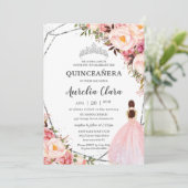Quinceañera Blush Pink Floral Prinzessin Silver Einladung (Stehend Vorderseite)