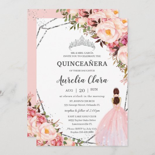 Quinceañera Blush Pink Floral Prinzessin Silver Einladung (Vorne/Hinten)