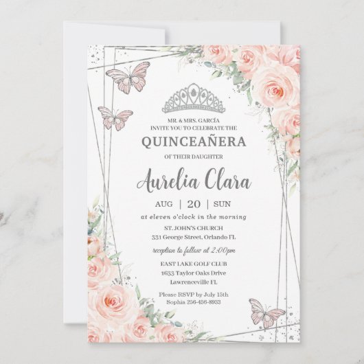 Quinceanera Blush Pink Floral Silberschmetterlinge Einladung (Vorderseite)