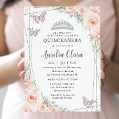 Quinceanera Blush Pink Floral Silberschmetterlinge Einladung