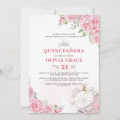 Quinceanera Blush Pink Floral Silver Crown Einladung (Vorderseite)