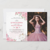 Quinceanera Blush Pink Floral Silver Crown Foto Einladung (Vorderseite)
