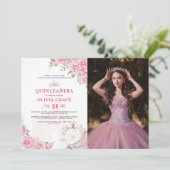 Quinceanera Blush Pink Floral Silver Crown Foto Einladung (Stehend Vorderseite)