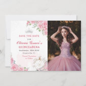 Quinceanera Blush Pink Floral Silver Crown Foto Save The Date (Vorderseite)