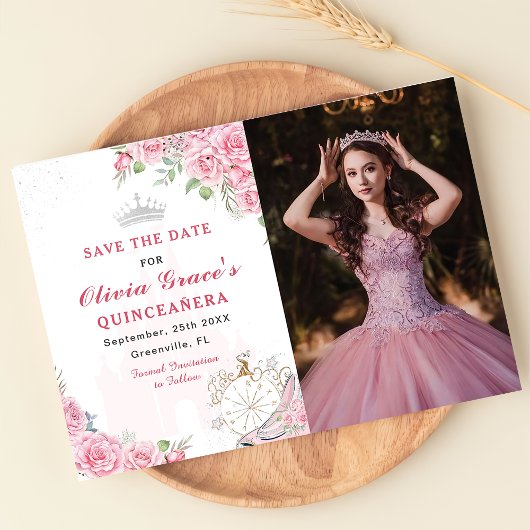 Quinceanera Blush Pink Floral Silver Crown Foto Save The Date