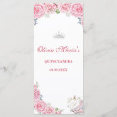Quinceanera Blush Pink Floral Silver Crown Menükarte (Rückseite)
