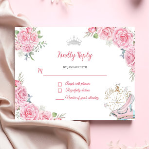 Quinceanera Blush Pink Floral Silver Crown RSVP Karte