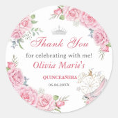 Quinceanera Blush Pink Floral Silver Crown Runder Aufkleber (Vorderseite)