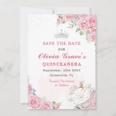 Quinceanera Blush Pink Floral Silver Crown Save The Date (Vorderseite)