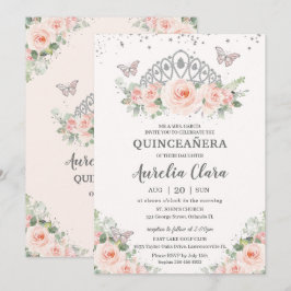 Quinceañera Blush Pink Floral Tiara Schmetterlinge Einladung