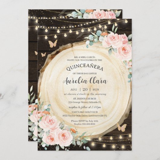 Quinceañera Blush Pink Floral verzauberter Wald Einladung (Vorne/Hinten)