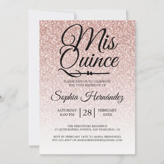 Quinceañera Blush Pink Glitzer 15. Geburtstag Einladung (Vorderseite)