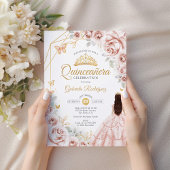 Quinceanera Blush Pink Gold Blumenkleid Einladung