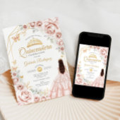 Quinceanera Blush Pink Gold Blumenkleid Einladung