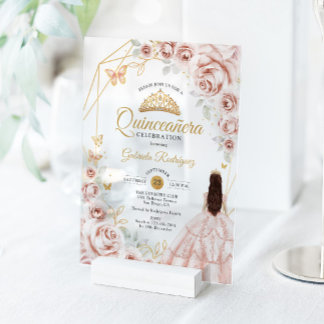 Quinceanera Blush Pink Gold Floral Dress Acryleinladungen