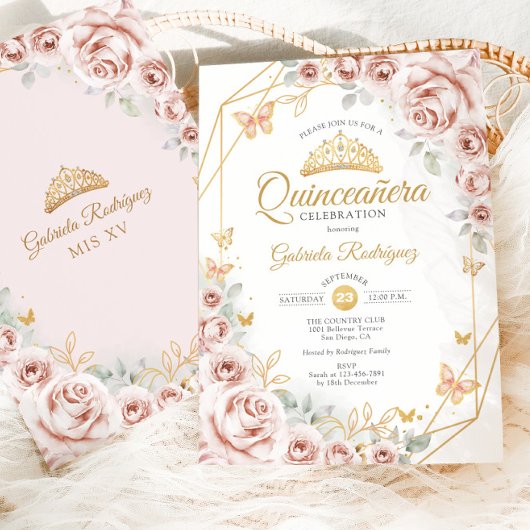 Quinceanera Blush Pink Gold Floral Einladung