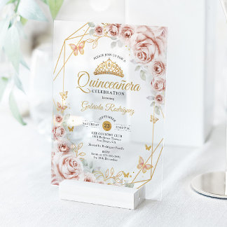 Quinceanera Blush Pink Gold Floral Invitation Acryleinladungen
