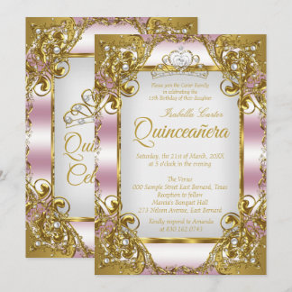 Quinceanera Blush Pink Golden Pearl Tiara Party Einladung