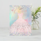 Quinceanera Blush Pink Gown Holographic Glitzer Einladung (Stehend Vorderseite)