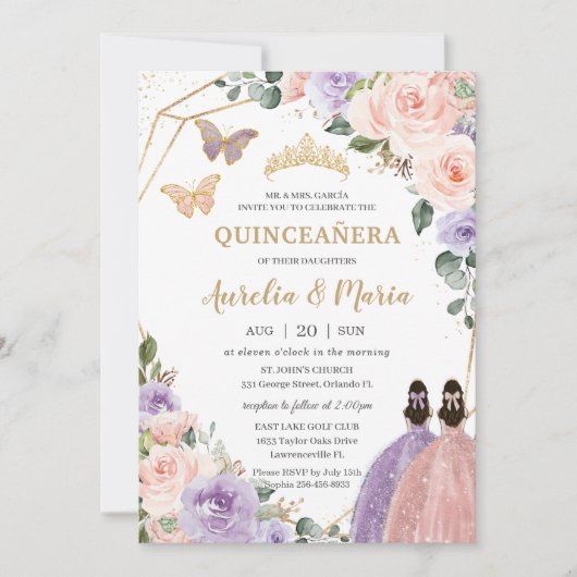 Quinceañera Blush Pink Lilac Lila Flora Twins Einladung (Vorderseite)