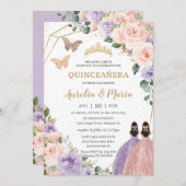 Quinceañera Blush Pink Lilac Lila Flora Twins Einladung (Vorne/Hinten)