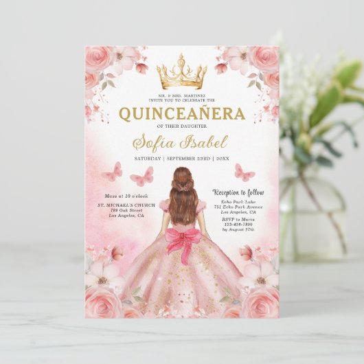 Quinceañera Blush Pink QR-Code Einladung (Stehend Vorderseite)