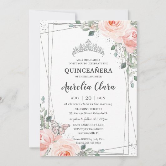 Quinceañera Blush Pink Rose Butterfly Crown Einladung (Vorderseite)