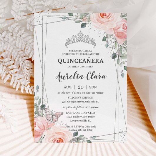 Quinceañera Blush Pink Rose Butterfly Crown Einladung