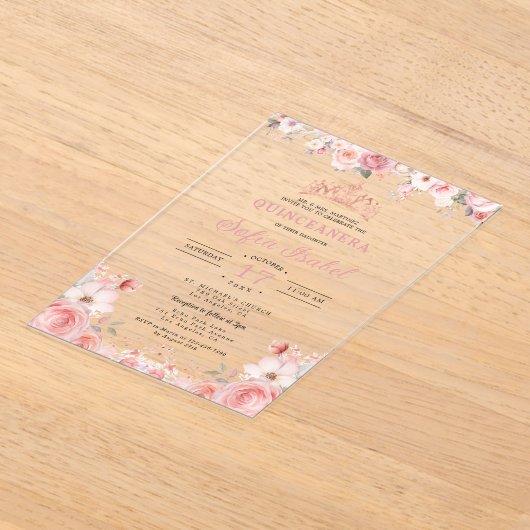 Quinceañera Blush Pink Rose Floral Acryleinladungen (Ablage )
