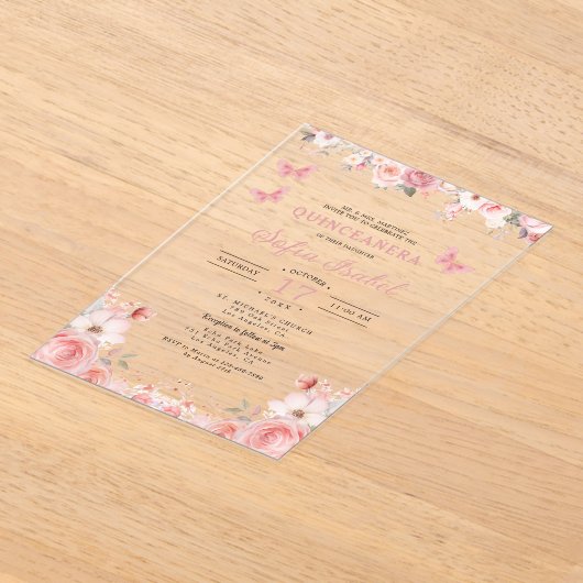 Quinceañera Blush Pink Rose Floral Butterfly Acryleinladungen (Ablage )