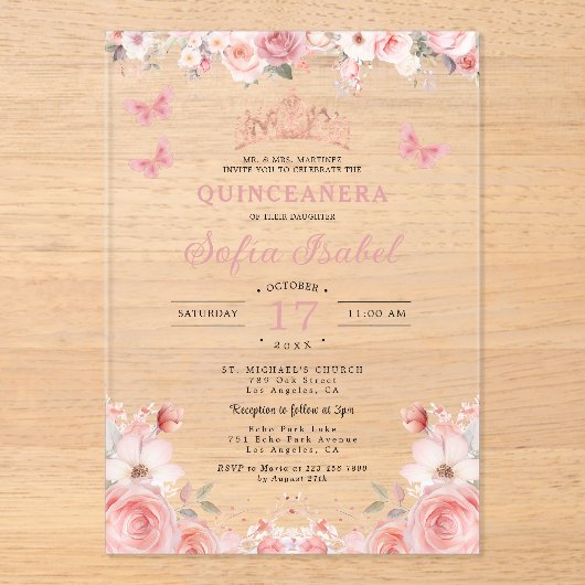 Quinceañera Blush Pink Rose Floral Butterfly Acryleinladungen (Vorderseite)