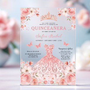Quinceañera Blush Pink Rose Floral Butterfly Acryleinladungen