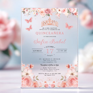 Quinceañera Blush Pink Rose Floral Butterfly Acryleinladungen