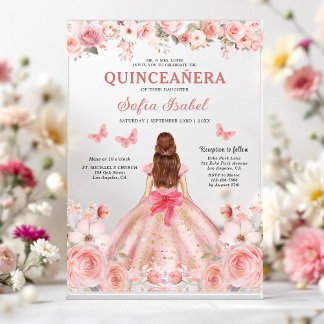 Quinceañera Blush Pink Rose Floral Butterfly Acryleinladungen