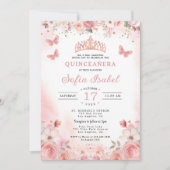 Quinceañera Blush Pink Rose Floral Butterfly Einladung (Vorderseite)