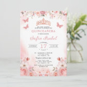 Quinceañera Blush Pink Rose Floral Butterfly Einladung (Stehend Vorderseite)