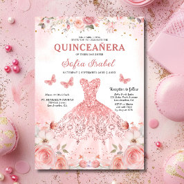Quinceañera Blush Pink Rose Floral Butterfly Einladung