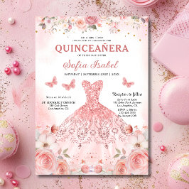Quinceañera Blush Pink Rose Floral Butterfly Einladung