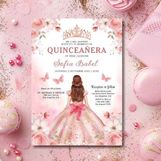 Quinceañera Blush Pink Rose Floral Butterfly Einladung