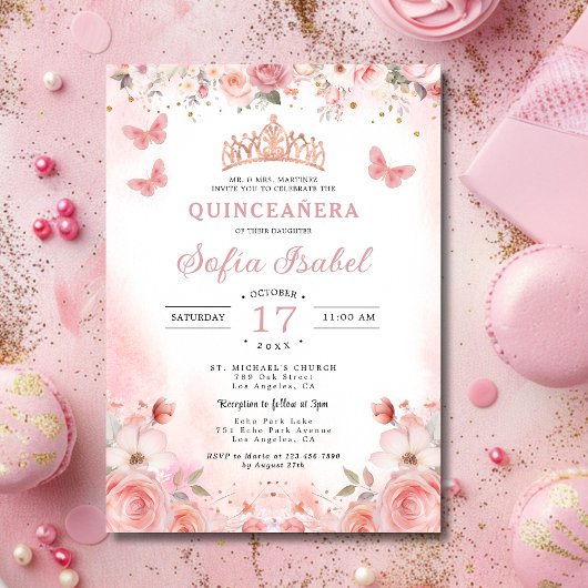 Quinceañera Blush Pink Rose Floral Butterfly Einladung