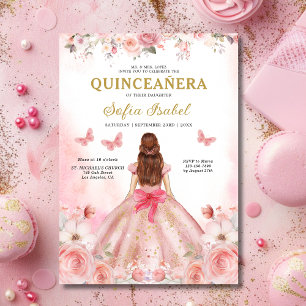 Quinceañera Blush Pink Rose Floral Butterfly Einladung