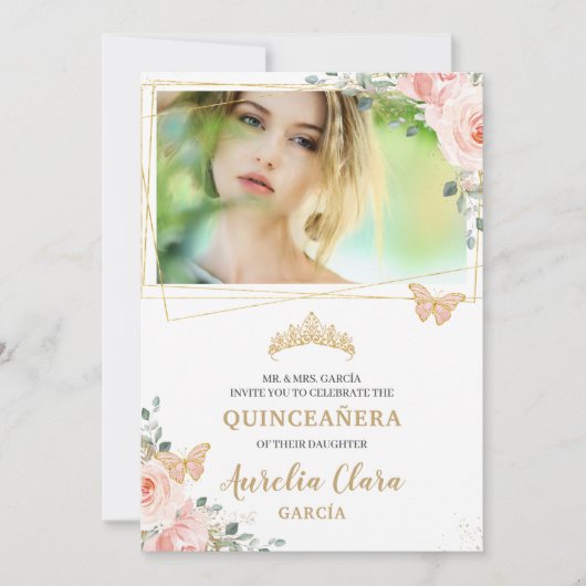 Quinceañera Blush Pink Rose Floral Butterfly Foto Einladung (Vorderseite)