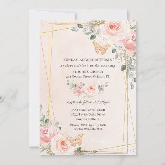 Quinceañera Blush Pink Rose Floral Butterfly Foto Einladung (Rückseite)