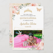 Quinceañera Blush Pink Rose Floral Butterfly Foto Einladung (Vorne/Hinten)