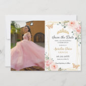 Quinceañera Blush Pink Rose Floral Butterfly Foto Save The Date (Vorderseite)