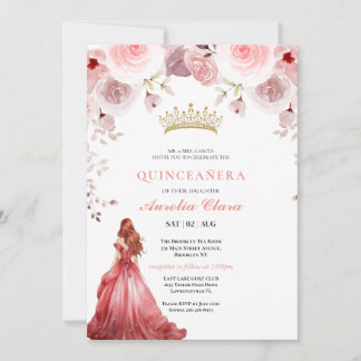 Quinceañera Blush Pink Rose Floral Butterfly Tiara Einladung