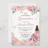 Quinceañera Blush Pink Rose Floral Butterfly Tiara Einladung (Vorderseite)