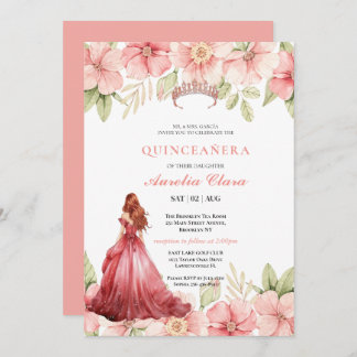 Quinceañera Blush Pink Rose Floral Butterfly Tiara Einladung