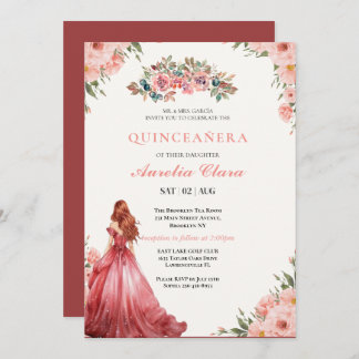 Quinceañera Blush Pink Rose Floral Butterfly Tiara Einladung