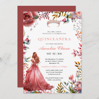 Quinceañera Blush Pink Rose Floral Butterfly Tiara Einladung